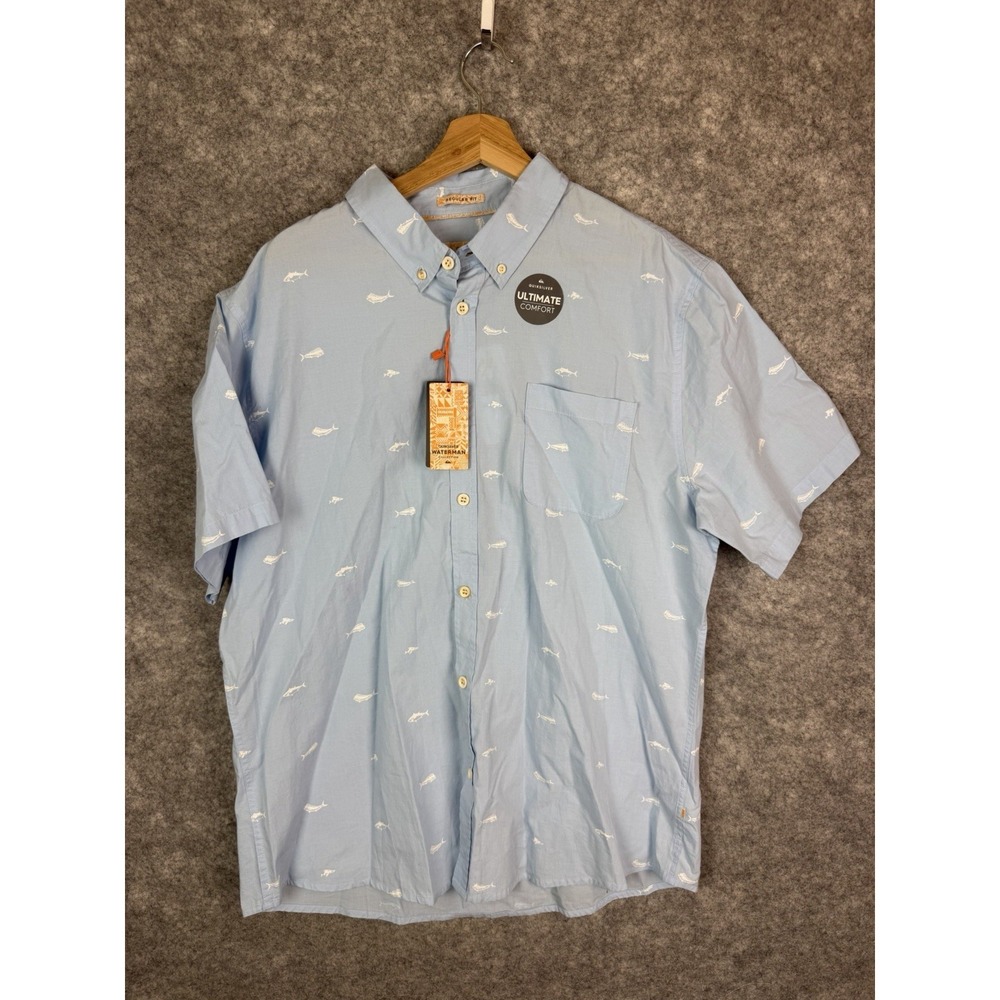 Quicksilver Shirt Mens XL Fish Aop Hawaiian Tropical Blue Button Up Waterman